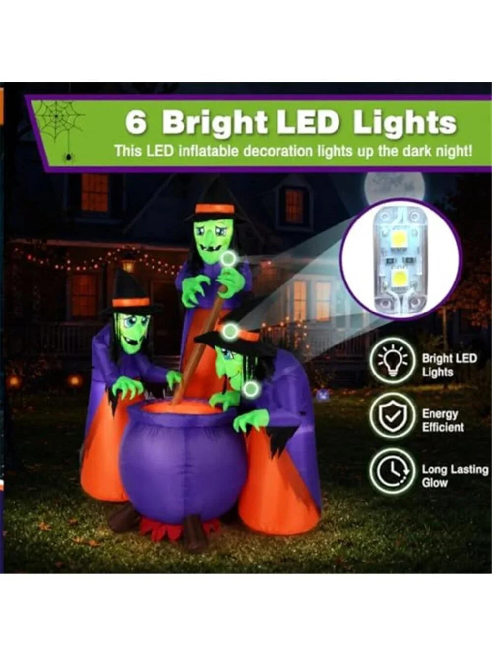 6 FT Halloween Inflatables with Built-in LEDs, Three Witches Around a Cauldron